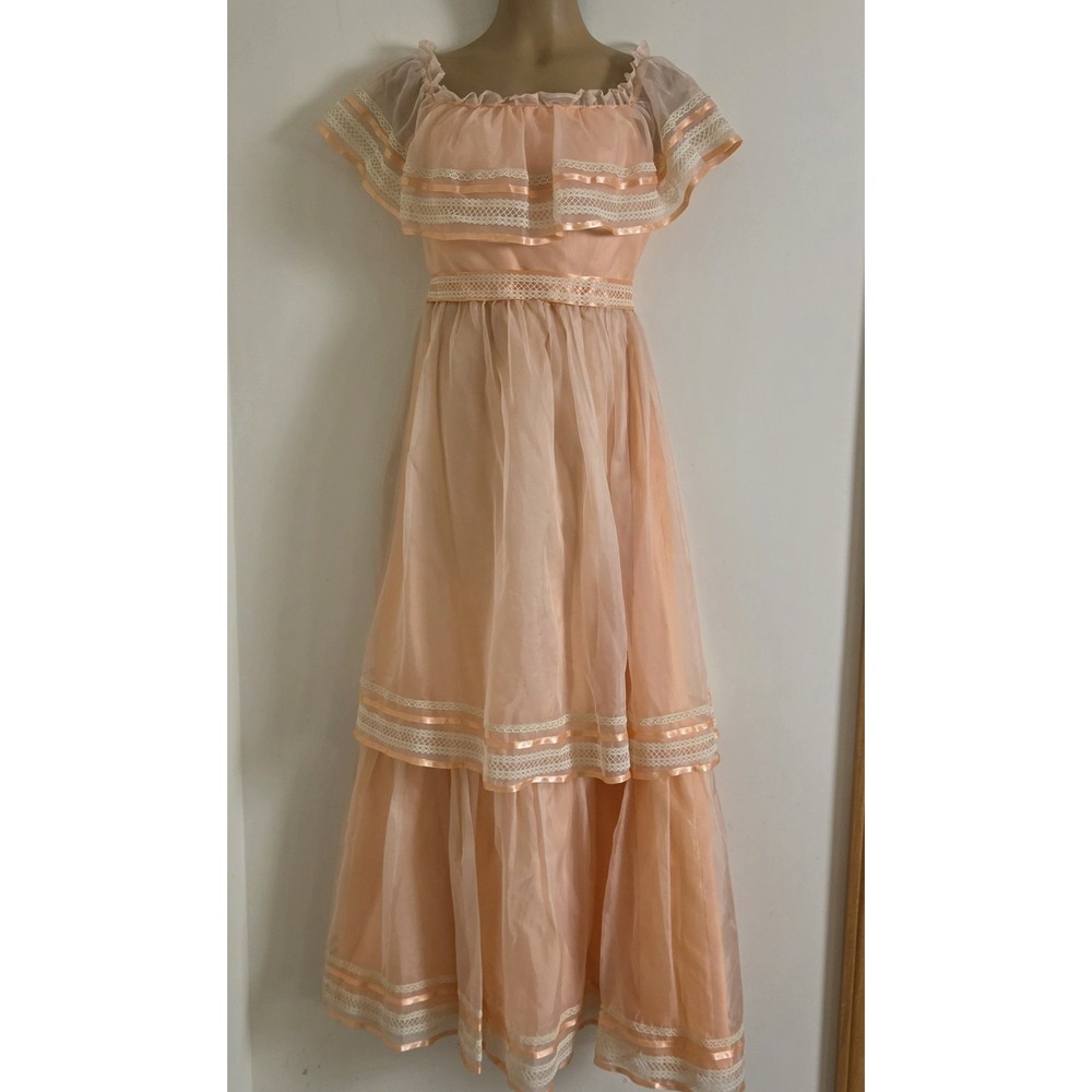 Vtg 70s Lorrie Deb peach organza prairie ruffled Gown Prom Dress Size 11/12
